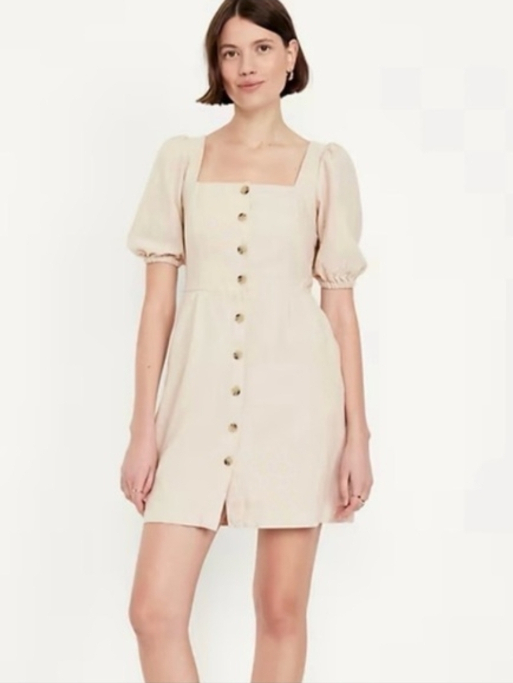Old Navy | NWT Linen Blend Square Neck Short Sleeve Button Up Dress Tan Size 2X